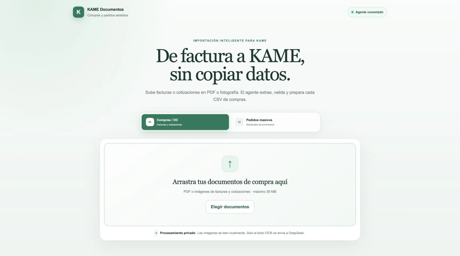Interfaz real del Agente documental KAME con sus flujos de compras, pedidos y carga privada de documentos.
