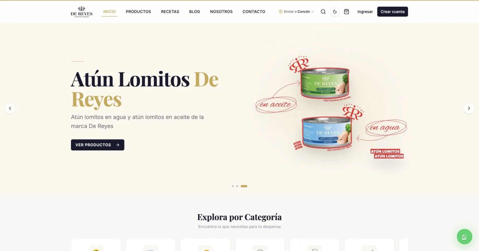 Portada pública real de dereyes.cl con el catálogo de productos de De Reyes Alimentos.