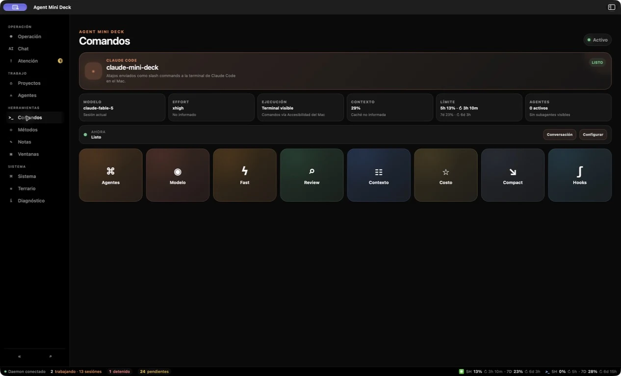 Interfaz real de Agent Mini Deck en la página Comandos, controlando una sesión del propio proyecto con accesos a agentes, modelo, revisión, contexto y hooks.
