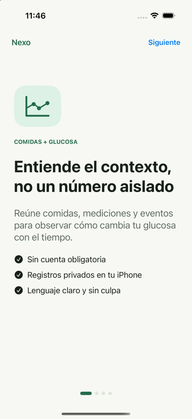 Pantalla de bienvenida real de Nexo explicando su enfoque local-first.
