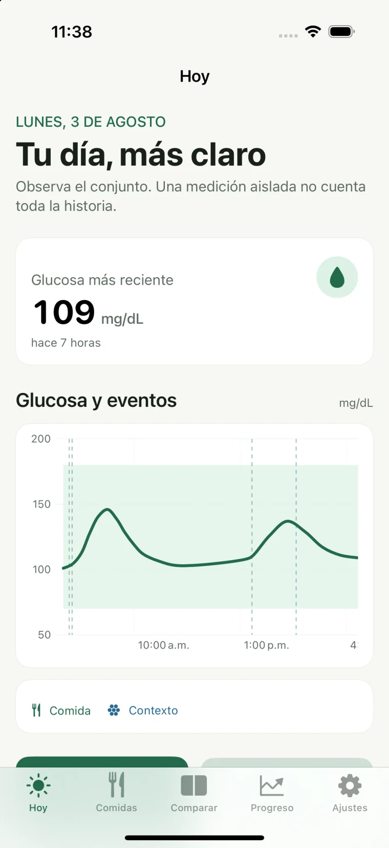Pantalla principal real de Nexo con una curva de glucosa y sus eventos asociados.