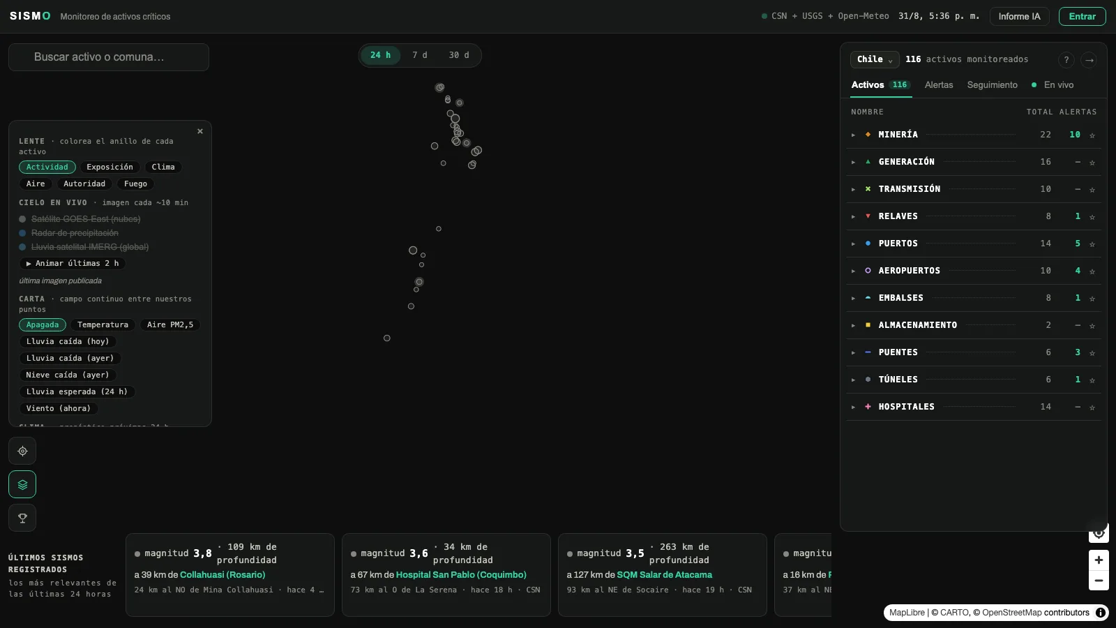 Interfaz real de SISMO con el mapa de Chile, el panel de 116 activos monitoreados por categoría y los últimos sismos registrados con su magnitud.